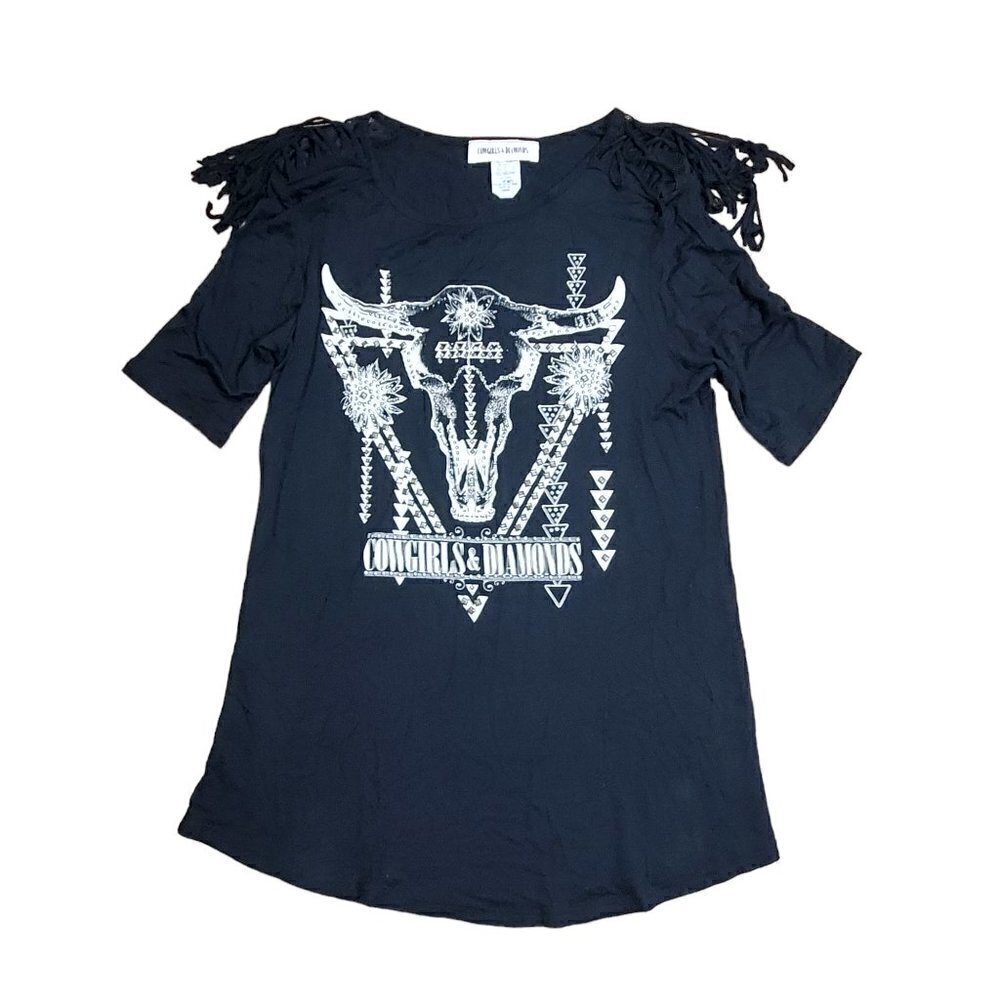 Cowgirls & Diamonds Womens Black Embellished Shoulder Fringe Shirt Top Size L‎